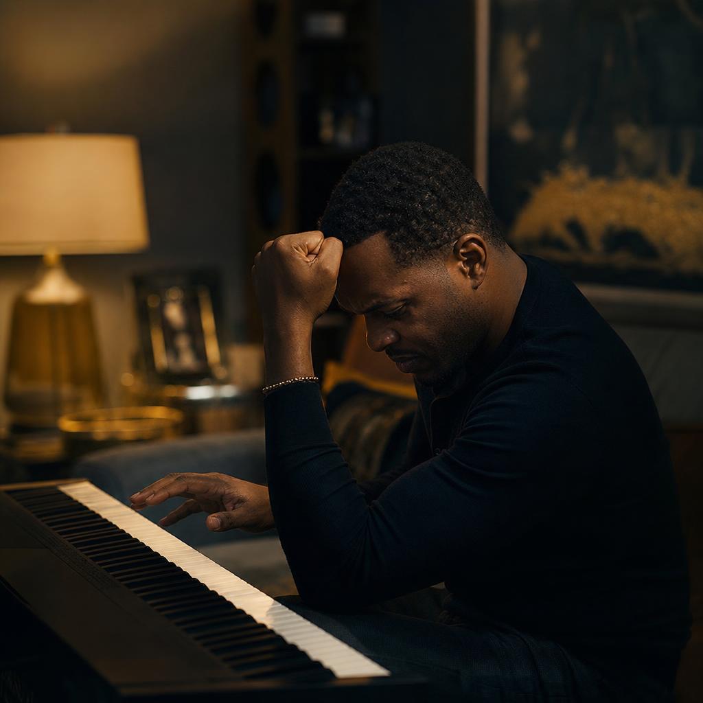 Pianiste seul face à son clavier, la main serrée en signe de frustration, incapable de jouer ce qu'il voudrait entendre